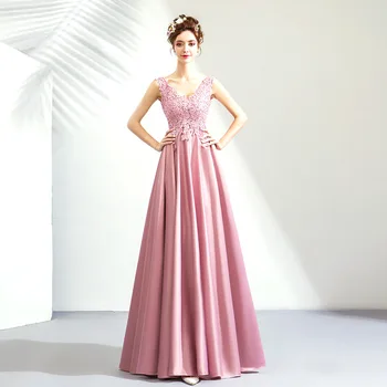 

2019 New Young Mother Pink Long V-neck High Waist Slim Flower Sweet Dress