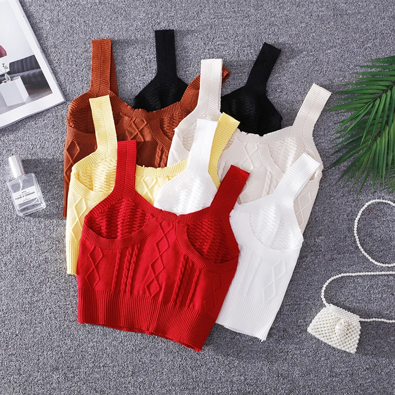 

2019 Summer Slim Knitted Bottom Suspender Short Tank Tops Women's Trendy Knitting Crop Top