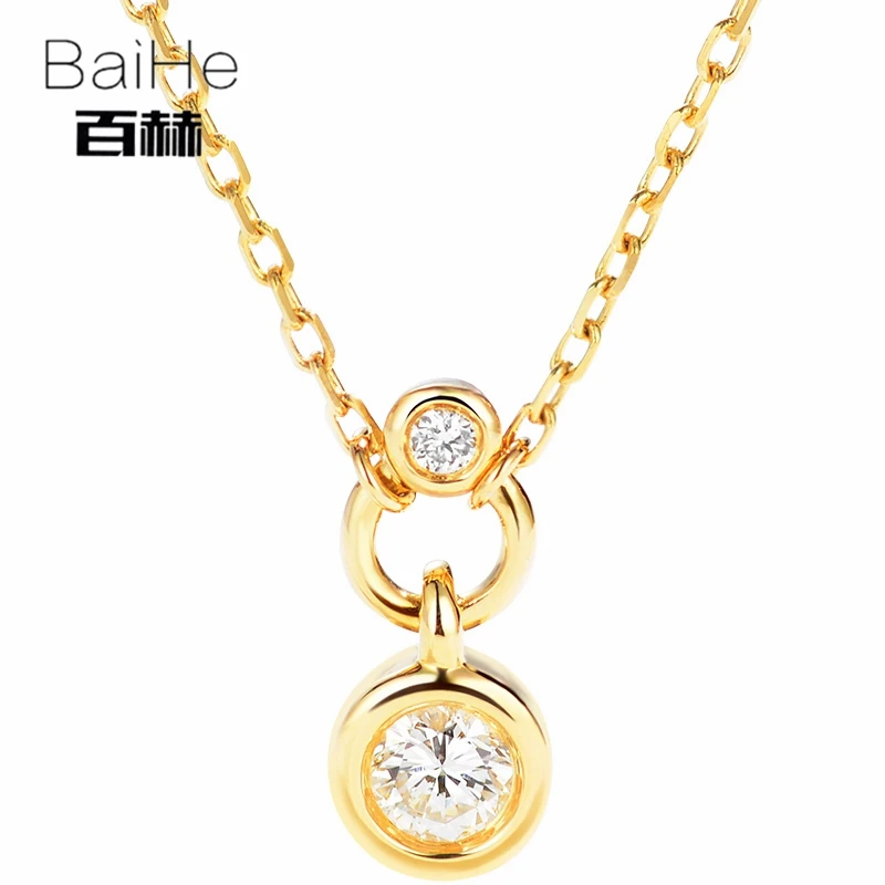 BAIHE Solid 14K Yellow Gold 0.12ct Certified H/SI Round Cut Genuine Natural Diamonds Women Trendy Fine Jewelry Elegant Necklaces