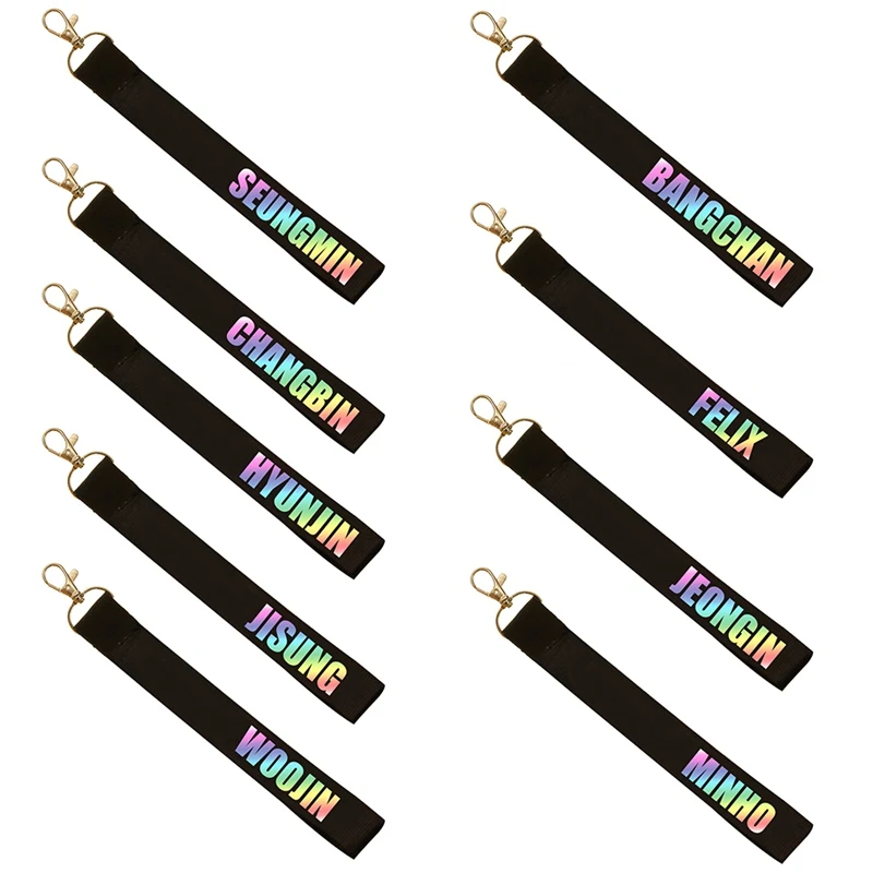 

2019 New Stray Kids Member Laser Name Strip Portrait Keychain Cute Phone Strap Key Chain Ribbon Keyring