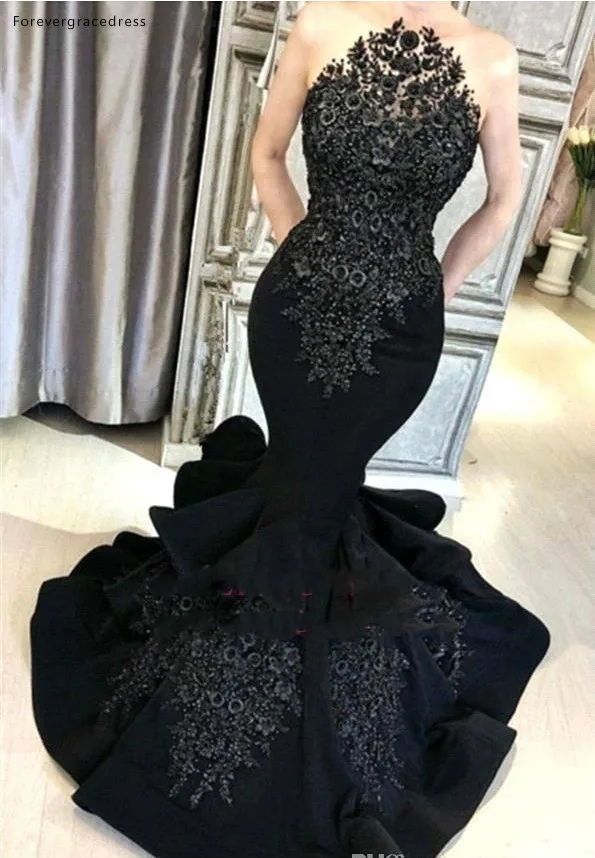 Gorgeous Black Emorbidery Applique Prom Dresses Mermaid Sheer Neck Trumpet Layer Ruffle Skirt Long Evening Gowns Formal BC1690  169 (3)