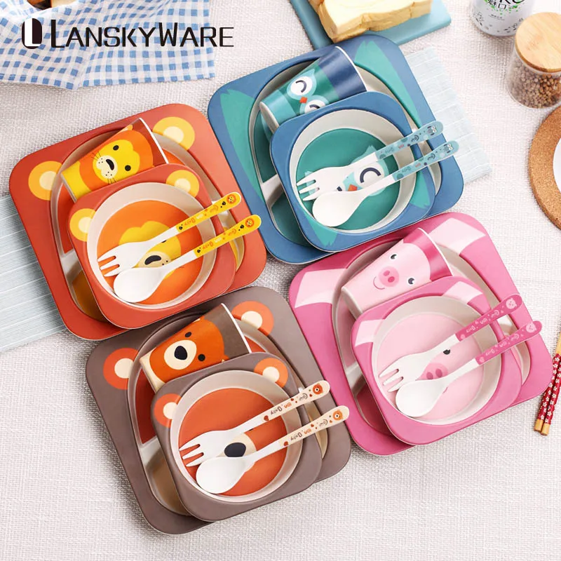 

Cartoon Tableware Set For Kids Animal Pattern Dinnerware Eco-Friendly Bamboo Kitchen Dinner Set Children Picnic Cutlery Set