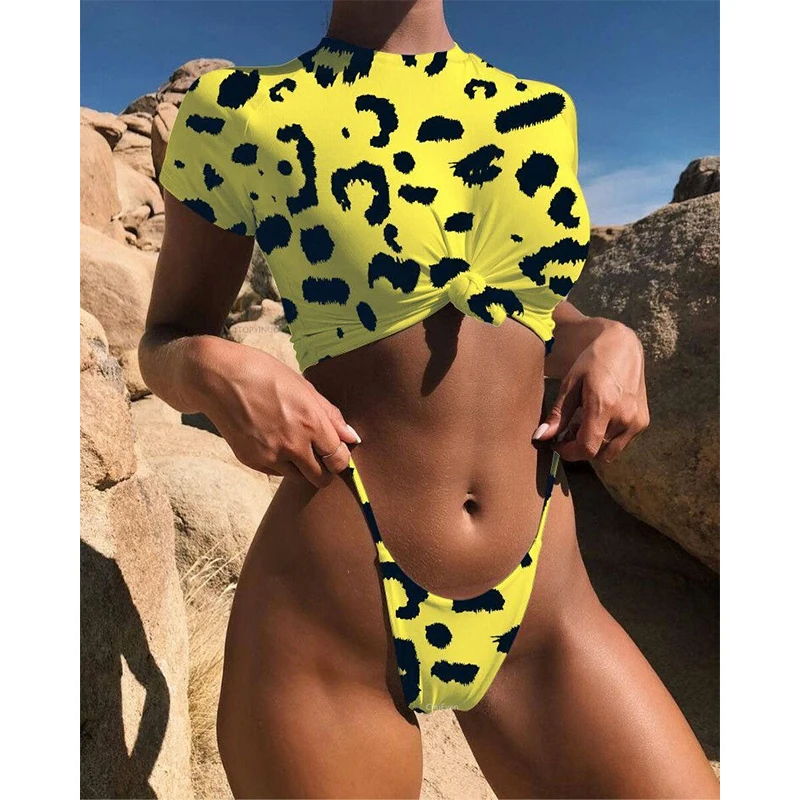 

Z-LAI Hot Sale 2019 New Leopard Swimwear Female Knot Split Sexy Half-sleeve Bikinis Set Thong Push Up Bathing Suit Mujer