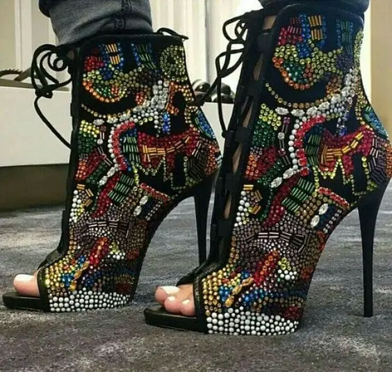 

Multicolor Rhinestone Embellished Women Ankle Boots Sexy Lace Up Peep Toe High Heels Summer Sandals Boots Bling Crystal Sandals