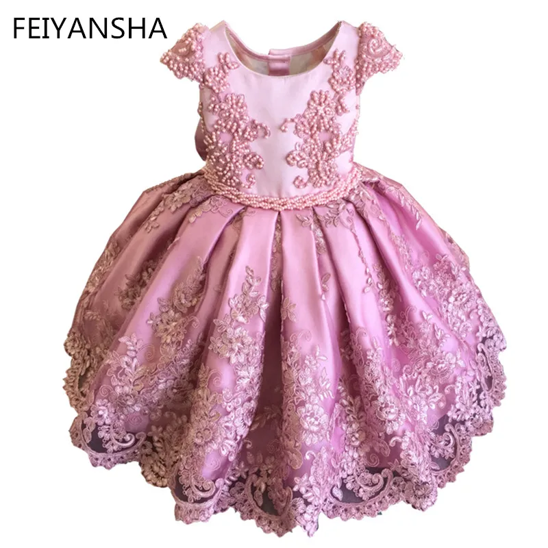 Розовые вечерние платья с цветочным рисунком для девочек, vestido daminha пояс с жемчугом, бантом, рукавами-крылышками, платье с цветочным узором для девочек кружевное платье для первого причастия