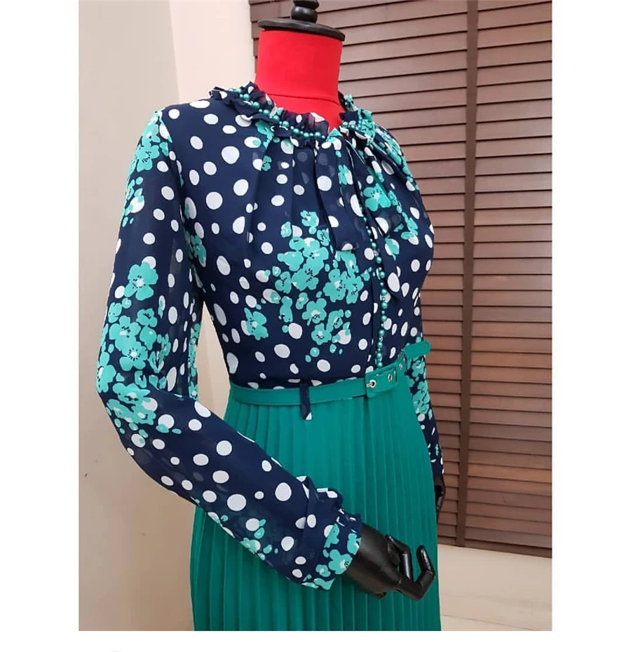BAIBAZIN African Women's Beaded Chiffon Small Floral Hitting Net Color Hem Pleated A-line Dress