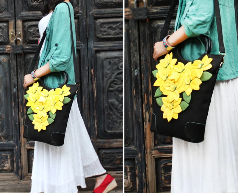 Богемия ткани ручной работы цветок сумки Винтаж Черный Холст Женщины Путешествия посыльного сумки на ремне