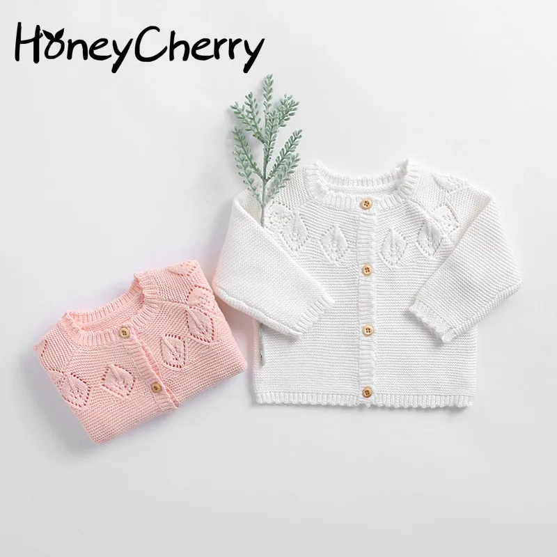Зимняя одежда для маленьких девочек милый Однотонный свитер с рисунком «листья», вязаное пальто из чистого хлопка кардиган для новорожденных