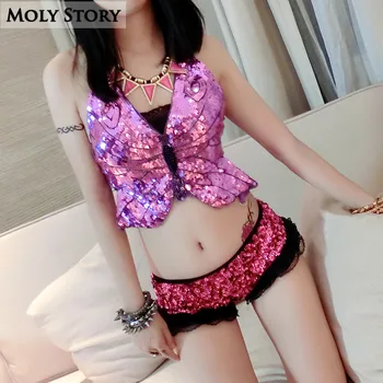 

Hot Sexy Butterfly Backless Sequin Crop Top Women Strappy Night Club Wear Spaghetti Strap Sequined Halter Top