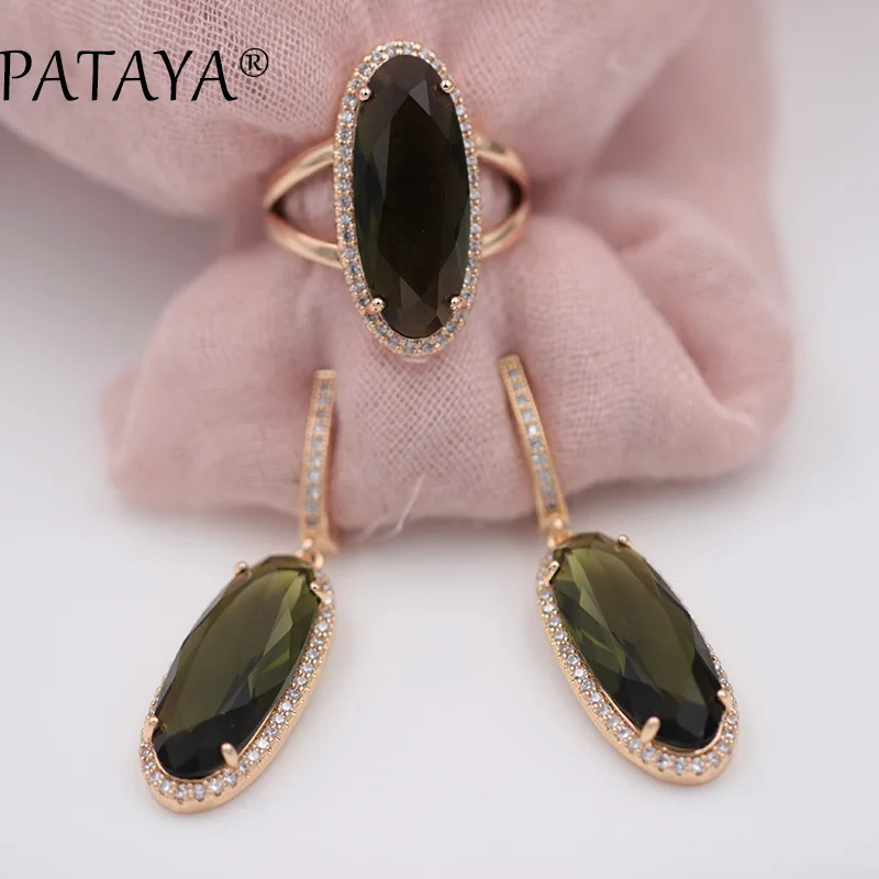 Najtaniej PATAYA nowe kobiety biżuteria ślubna w stylu Vintage 585 różowe złoto Trend zestawy biżuterii 10 kolorów Natural cyrkon owalne długie kolczyki zestaw pierścieni