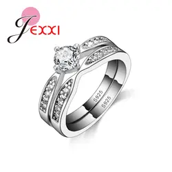 Jemmin Для женщин классические обручальные кольца белый кристалл 925 пробы серебро Обручение вечерние Кольца Набор для леди свадебные
