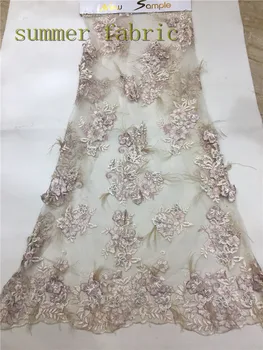 

Fashion feather design Beaded African French Lace Fabric High Quality African Tulle Lace Fabric For Wedding