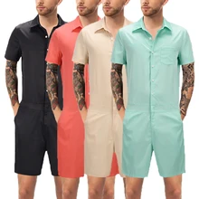 Мужской сексуальный Летний комбинезон больших размеров с коротким рукавом и пуговицами, комбинезоны с карманами, рабочие повседневные Костюмы пляжного стиля для мужчин