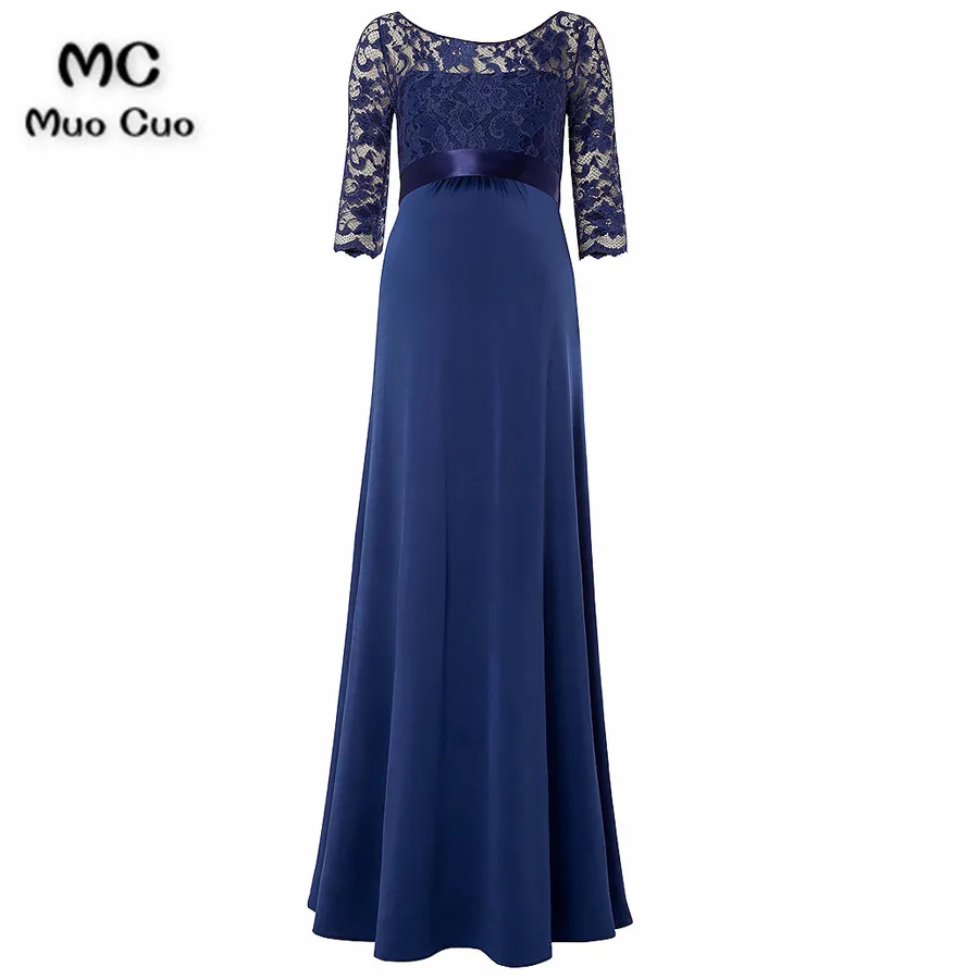 A-Line Jewel Half Sleeves Navy Blue Chiffon Mother Of The Bride Dress with Lace