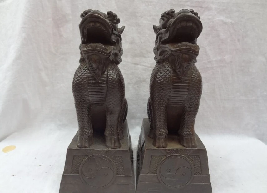 

song voge gem S3073 10" Chinese Bronze Trigram FengShui Guardian Dragon Kylin Beast Statue Pair