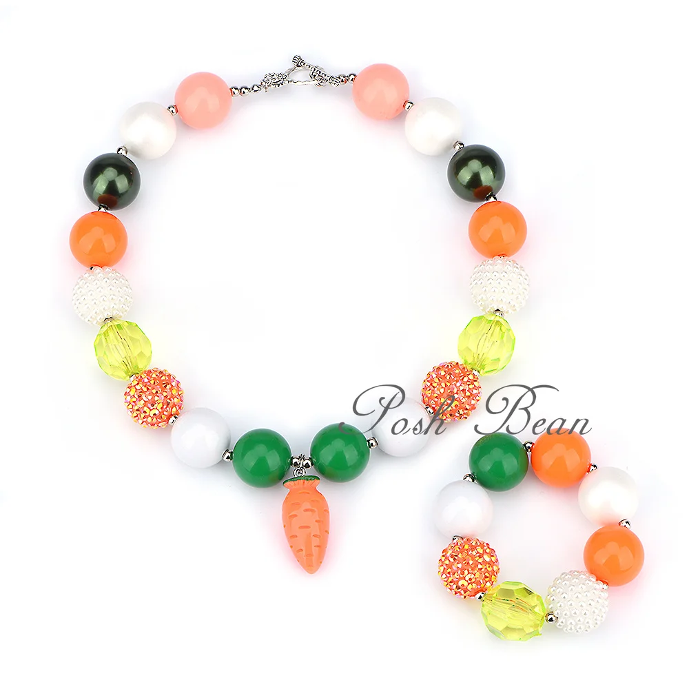 

Baby Girl Necklace Easter Carrot Chunky Bubblegum Bead Necklace and Bracelet Set for Toddle Girl Princess Kids Cake Smash Outfit