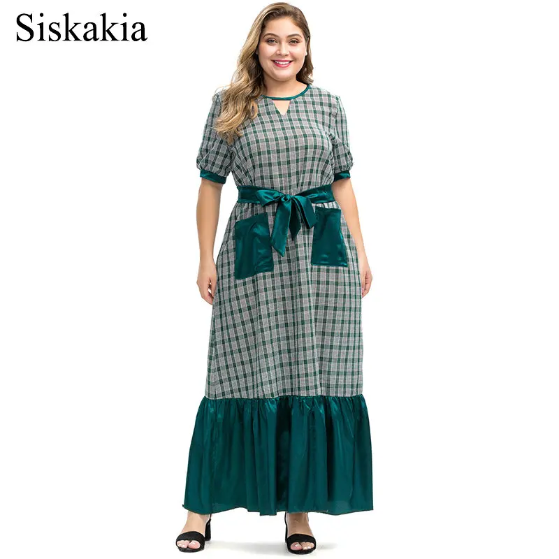 

Siskakia Plus Size Plaid Long Dress Casual Pockets Patch Maxi Dresses 6XL Green Slim Sash Short Sleeve Draped Swing Summer 2019