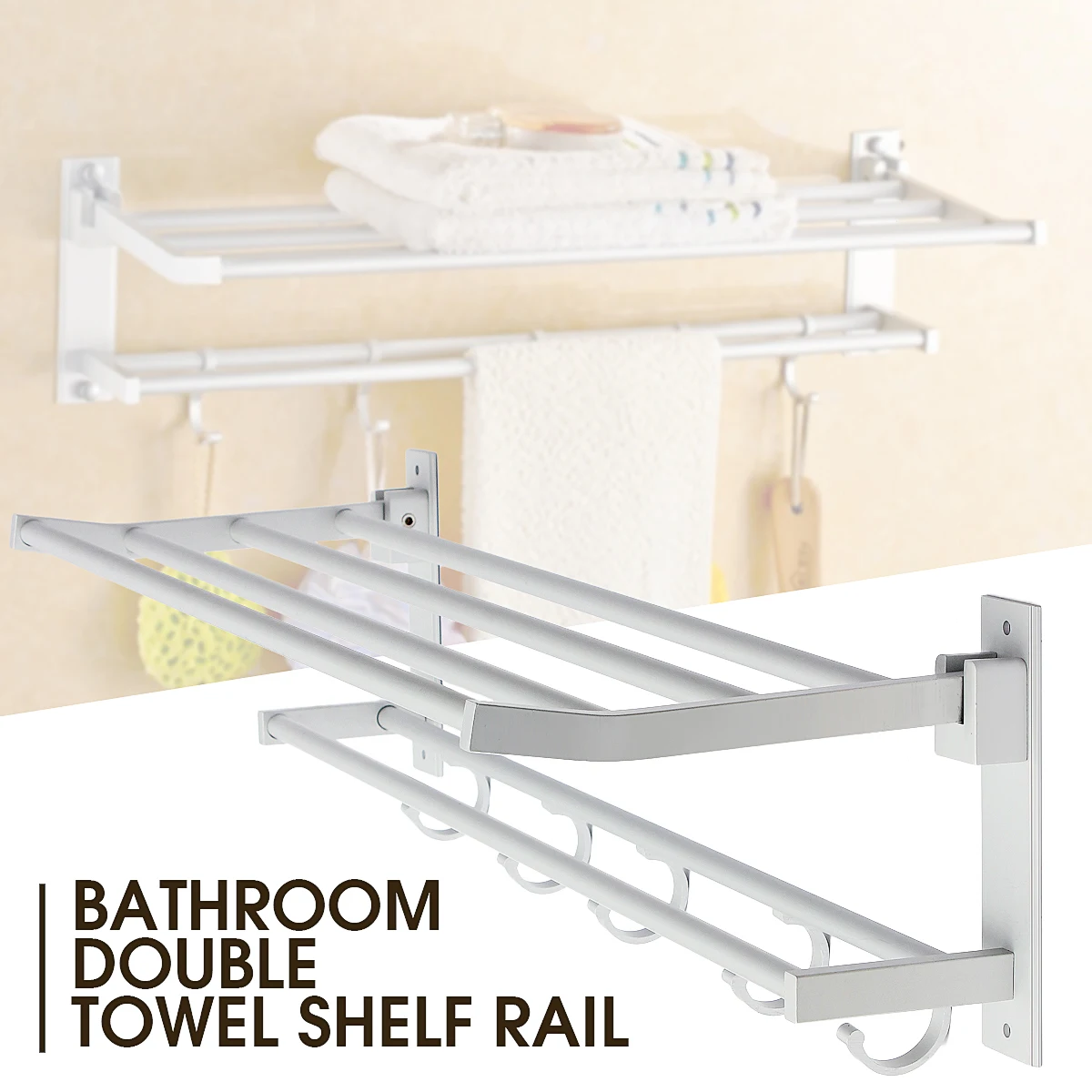 1Pcs 2Layers Foldable Alumimum Bathroom Towel Rack Holder Hanger With 5 Hooks Kitchen Hotel Bath Towel Clothes Storage Shelf