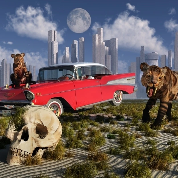 Sabre-toothed tigers find a 1950's American Chevrolet and signs of civilization Poster Print (36 x 22)