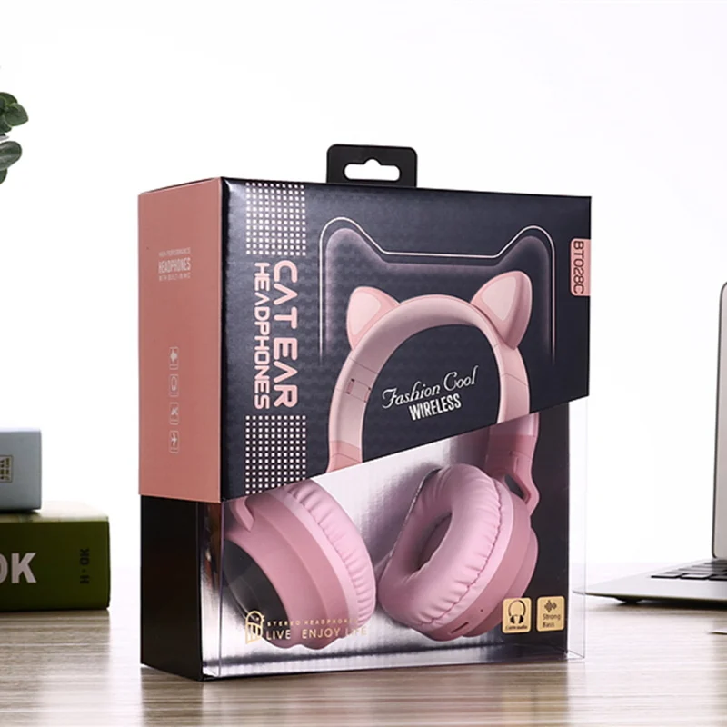 Dosmix светодиодный кошачьи наушники с шумоподавлением, Bluetooth 5,0, детская гарнитура, поддержка TF карты, разъем 3,5 мм, с микрофоном - Цвет: Pink with retail box