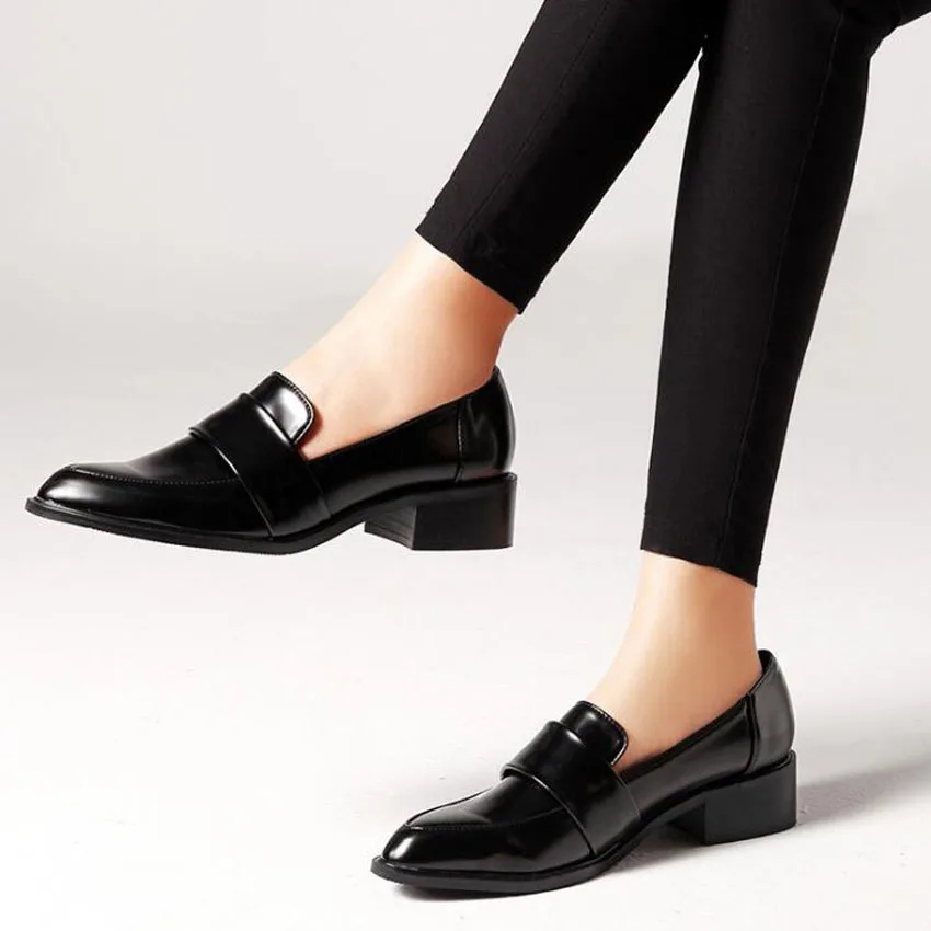 Black Leather Shoes Woman European Casual Low Square Heel Ladies OL ...