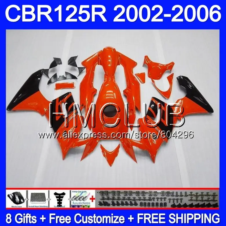 Корпус+ майка для HONDA 125CC CBR125RR оранжевого, черного цветов, CBR125R 02 03 04 05 06 75HM12 CBR-125R CBR 125R 2002 2003 2004 2005 2006 обтекатель