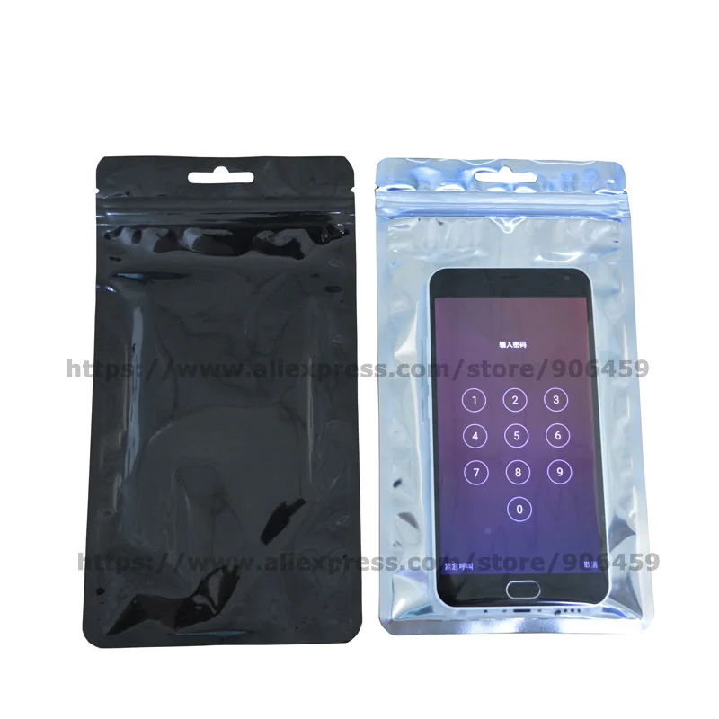100 шт 12x22 см цветная и прозрачная алюминиевая фольга с застежкой сумка для электронный мобильный телефон оболочки сумки - Цвет: Black