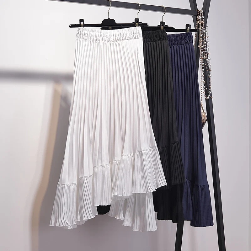 

Midi Pleated Skirt Women High Street Fashion Irregular Skirts Womens Elastic High Waist A Line Asymmetrical Skirt High Quality