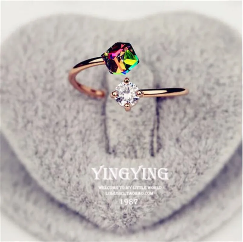 

Two Colorful Crystals Finger Ring Size adjustable opening ring For Women Wedding Noble Jewelry