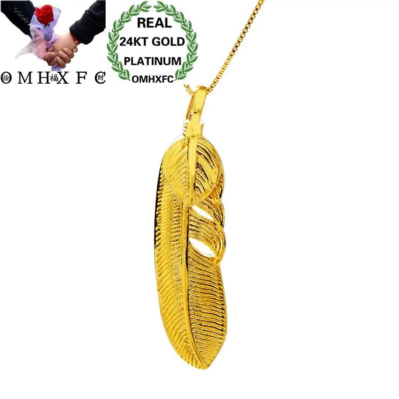 

OMHXFC Wholesale European Fashion Woman Man Unisex Party Birthday Wedding Gift Love Feather 24KT Real Gold Charm Pendant PN180