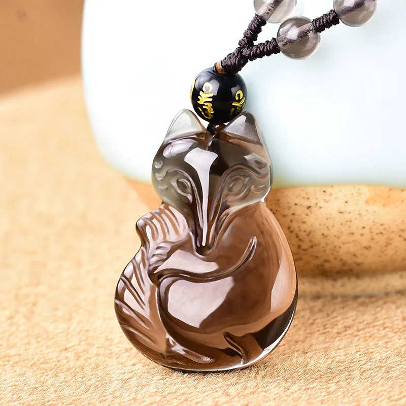 

Natural Ice Obsidian Pendant Necklace Original Fox Jewelery Women Men Pendant With Beads Chain Lucky Trick Peach Couple Pendants