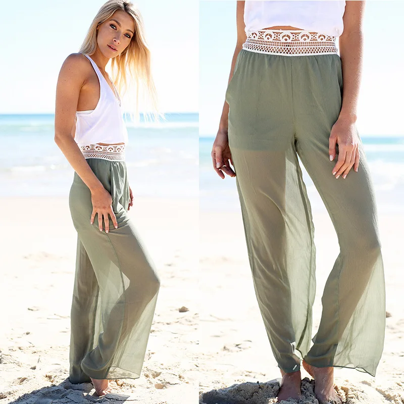 Women's Fresh New Style Holiday Beach Bohemian Wide Leg Lace Spliced Pants Loose Comfortable 