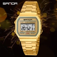 Top brand SANDA 2019 new watches men and women student electronic watch digital gold waterproof steel strap square wristwatches