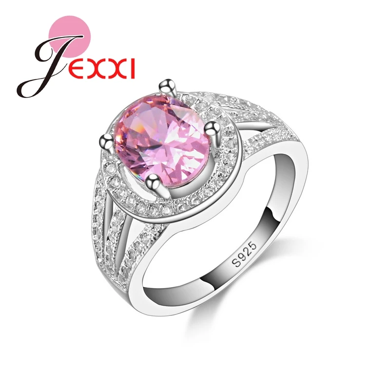 Oval Hollow Design With Big Pink CZ Crystal Girl Fashion 925 Sterling Silver Rings Party Charm Jewelry For Ladies Hot Sale