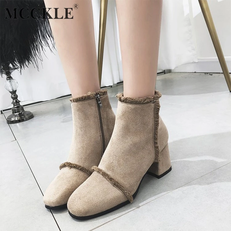 

MCCKLE Ankle Boots For Women Square Med Heels Casual Shoes Winter Warm Plush Round Toe Fringe Design Fashion Zipper Botas Mujer