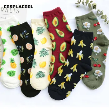 

Korean Fresh Fruits Socks Lemon Avocado Pineapple Cherry Blueberry Orange Gardenias Flamingos Plumerias Women Socks
