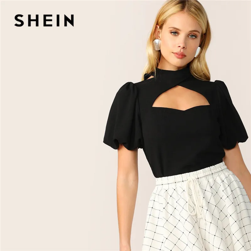 SHEIN черная блузка с коротким рукавом и вырезом летняя Элегантная воротником