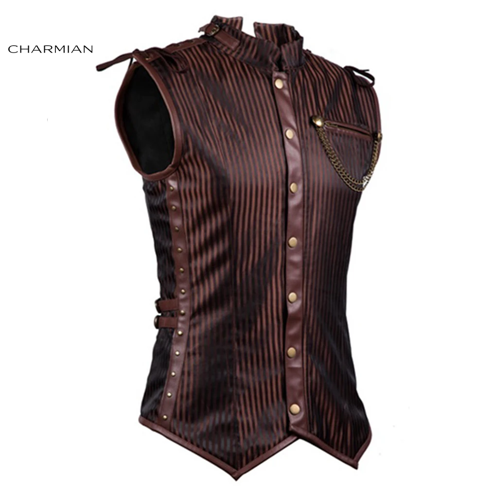 Charmian Plus Size Victorian Gothic Retro Steampunk Vest Spiral Steel Boned Stripe Brown