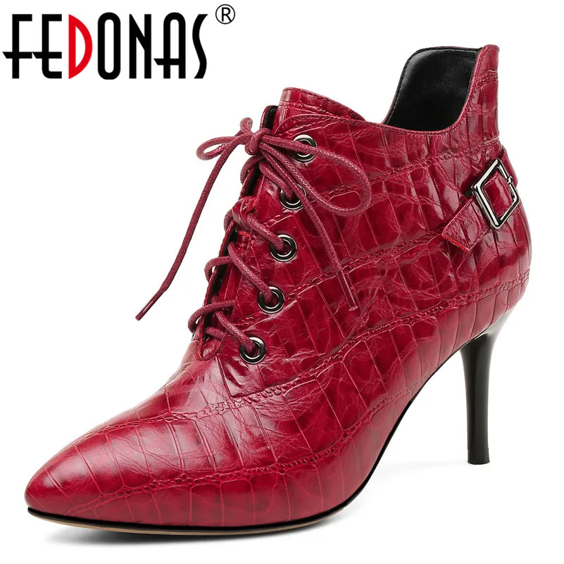 

FEDONAS Brand Women Ankle Boots Genuine Leather High Heels Buckles Party Club Pumps Zipper Autumn Winter Ladies Shoes Woman
