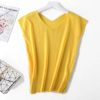 

2019 Summer New Ice Silk Short-sleeved Woman V-neck Sweater Slim Sleeveless Pullover Thin Section casual size Sweater