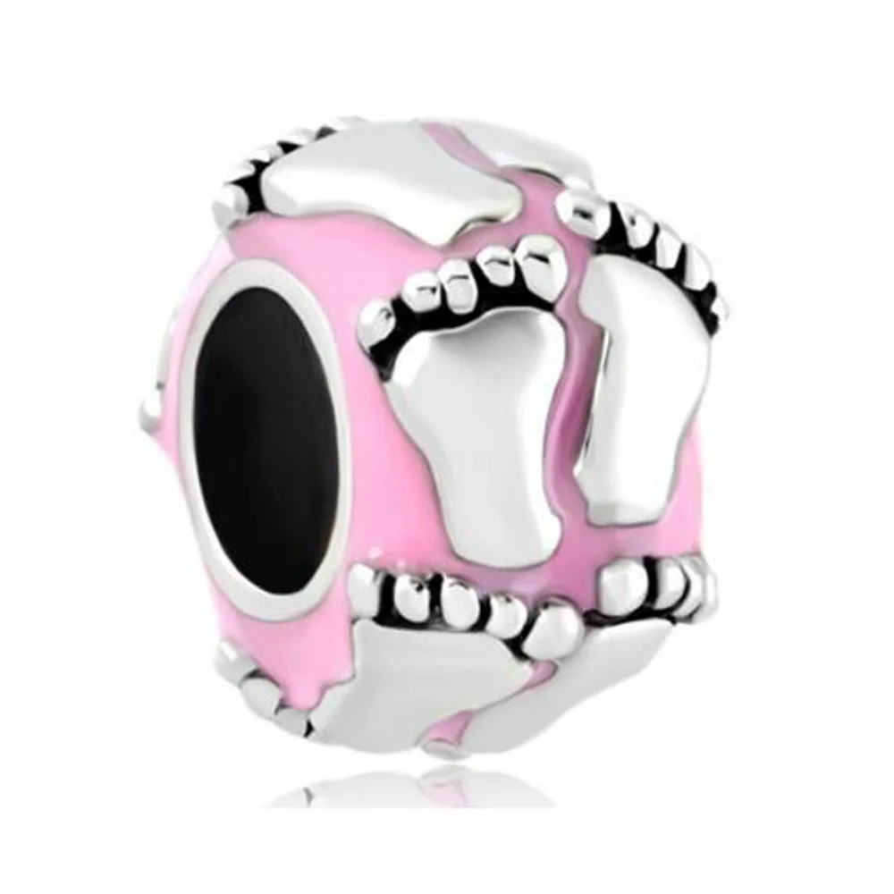 

Free shipping Rose Pink Lucky Charms New Baby First Steps Footprint Charms Beads Fit Pandora bracelet