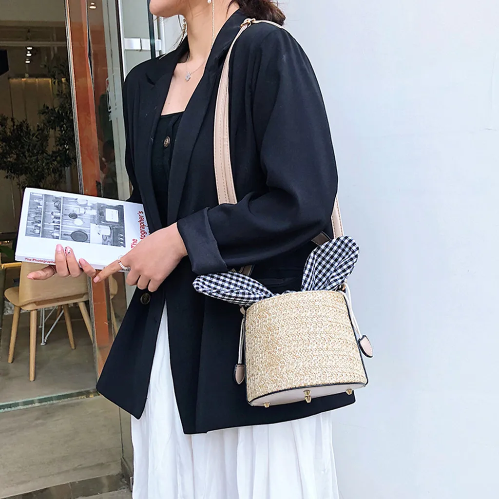 

2019 Fashion Casual Elegant College Style Women Beach Straw Bucket Bag Burlap Bucket Bag Burlap Square Bag Messenger Bag