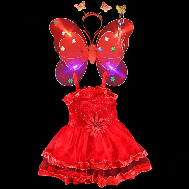 Модный детский костюм принцессы с бабочкой; повязка на голову с крыльями; волшебная палочка; платье; комплект из 4 предметов; реквизит для фотосессии; вечерние принадлежности для Хэллоуина - Цвет: Red
