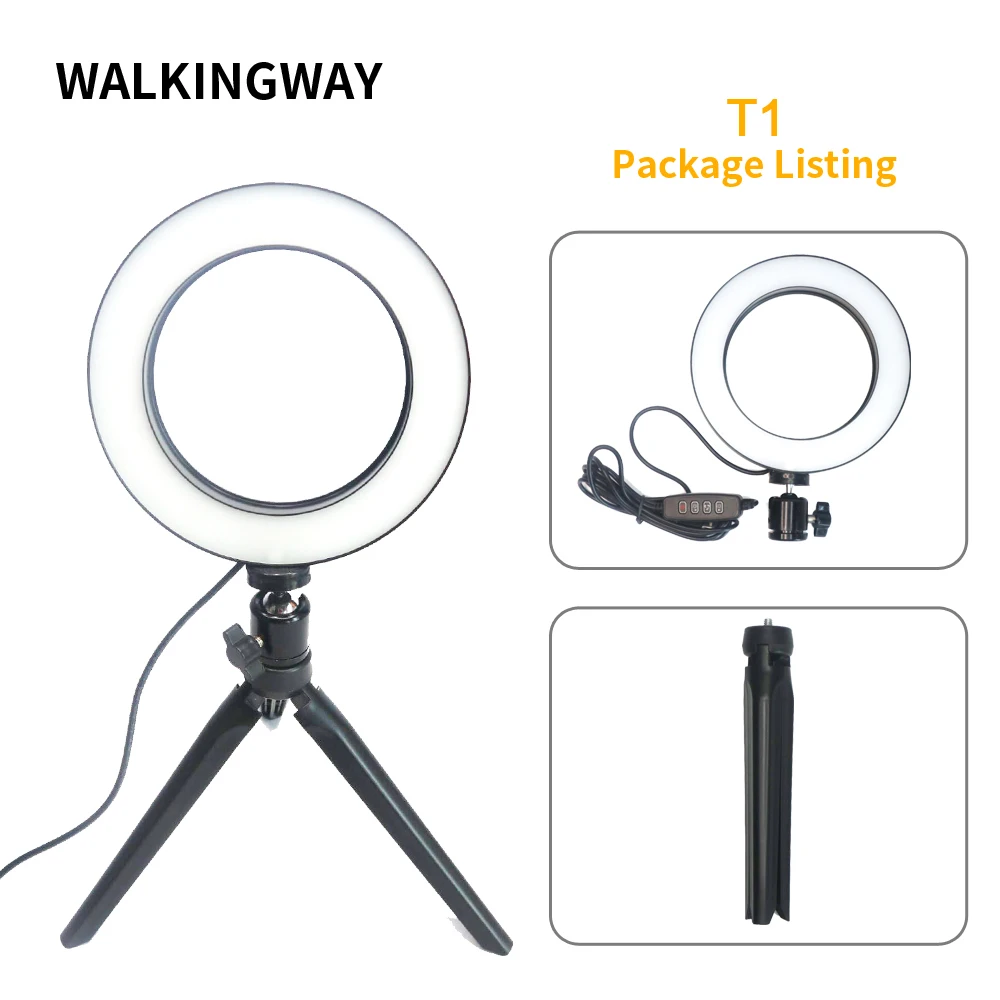 WalkingWay 6 дюймов светодиодная кольцевая лампа для макияжа USB портативная селфи лампа штатив Стенд фотографическое освещение для Youtube видео live - Цвет: Черный