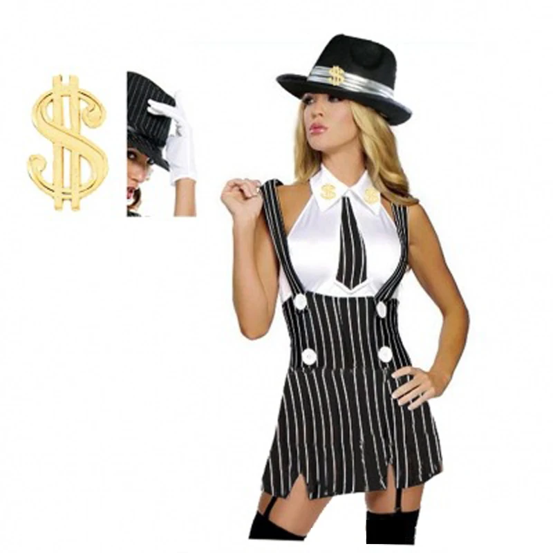 

Women Girl Sexy Stripe Strap Jumper Dress Gangster Cosplay Costume With Hat