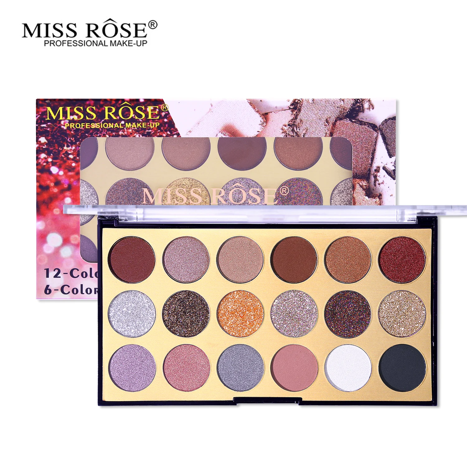 

MISS ROSE 12 Color Shimmer Matte Eyeshadow + 6 Color Glitter Powder Eye Shadow Makeup Palette Metallic Shine Waterproof Cosmetic