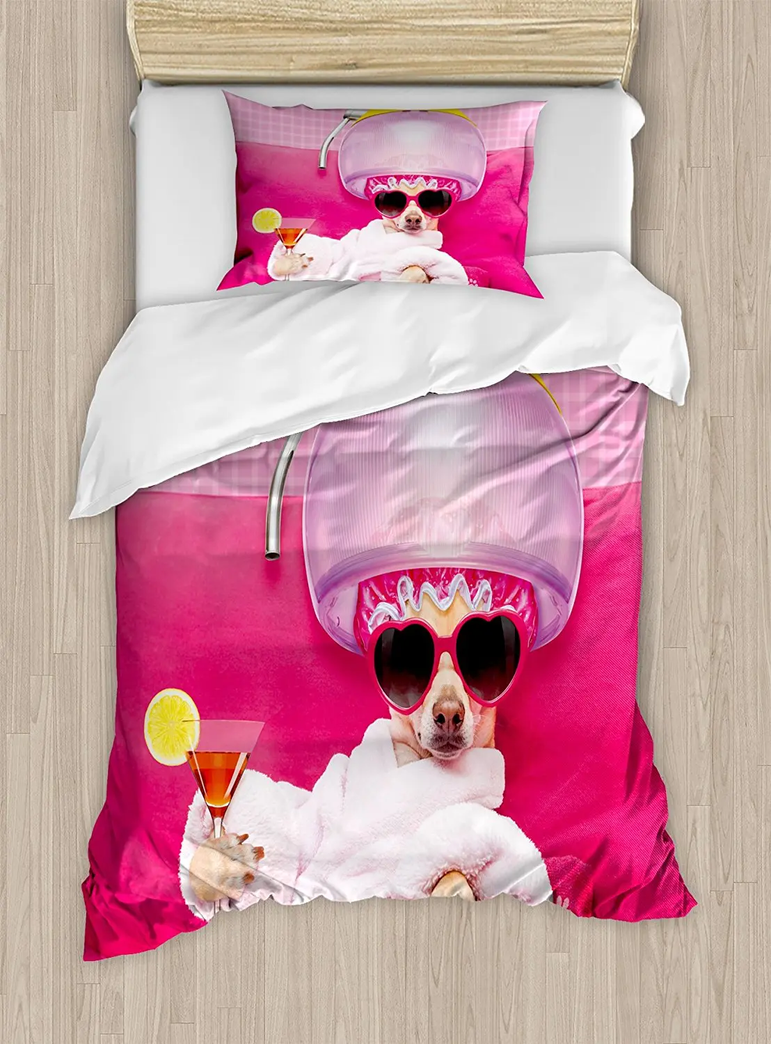 

Funny Duvet Cover Set Chihuahua Dog Relaxing and Lying in Wellness Spa Fashion Puppy Comic Print 4 Piece Bedding Set