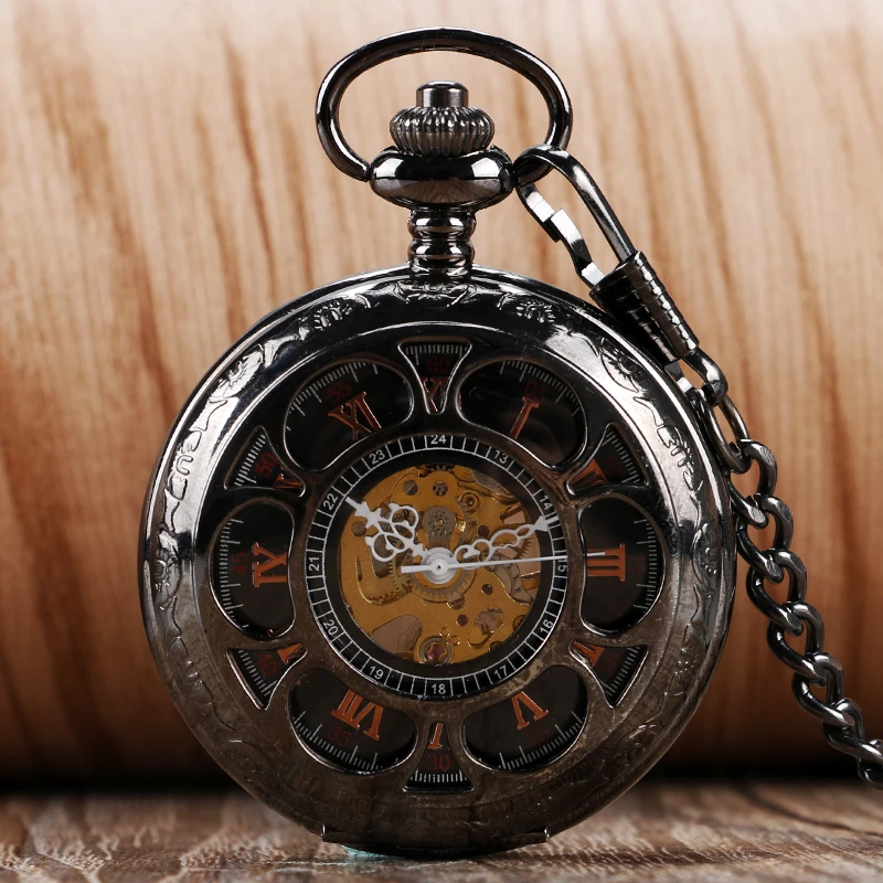Рука обмотки Механические карманные часы римскими цифрами брелок часы Для мужчин прохладный подарок Винтаж кулон Мода полые цветок черный
