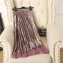 Новые милые сетчатые золотые бархатные юбки с галстуком-бабочкой весенние женские плиссированные юбки с высокой талией пышная Свободная юбка FP0479