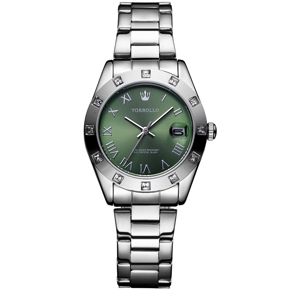 Женские часы TORBOLLO новые женские часы Серебряные Простые reloj mujer водонепроницаемые женские часы с календарем - Цвет: silver green